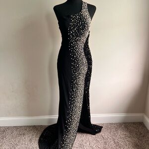 Women's Sexy Sleeveless One Shoulder Rhinestone Split Cocktail Party Prom